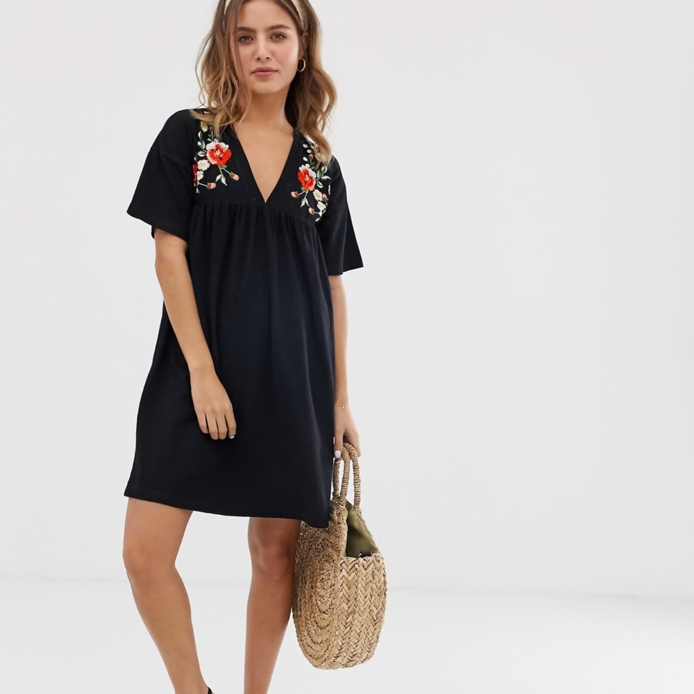 ASOS Black Dress Floral embroidered flowers ultimate cotton smock dress Beach